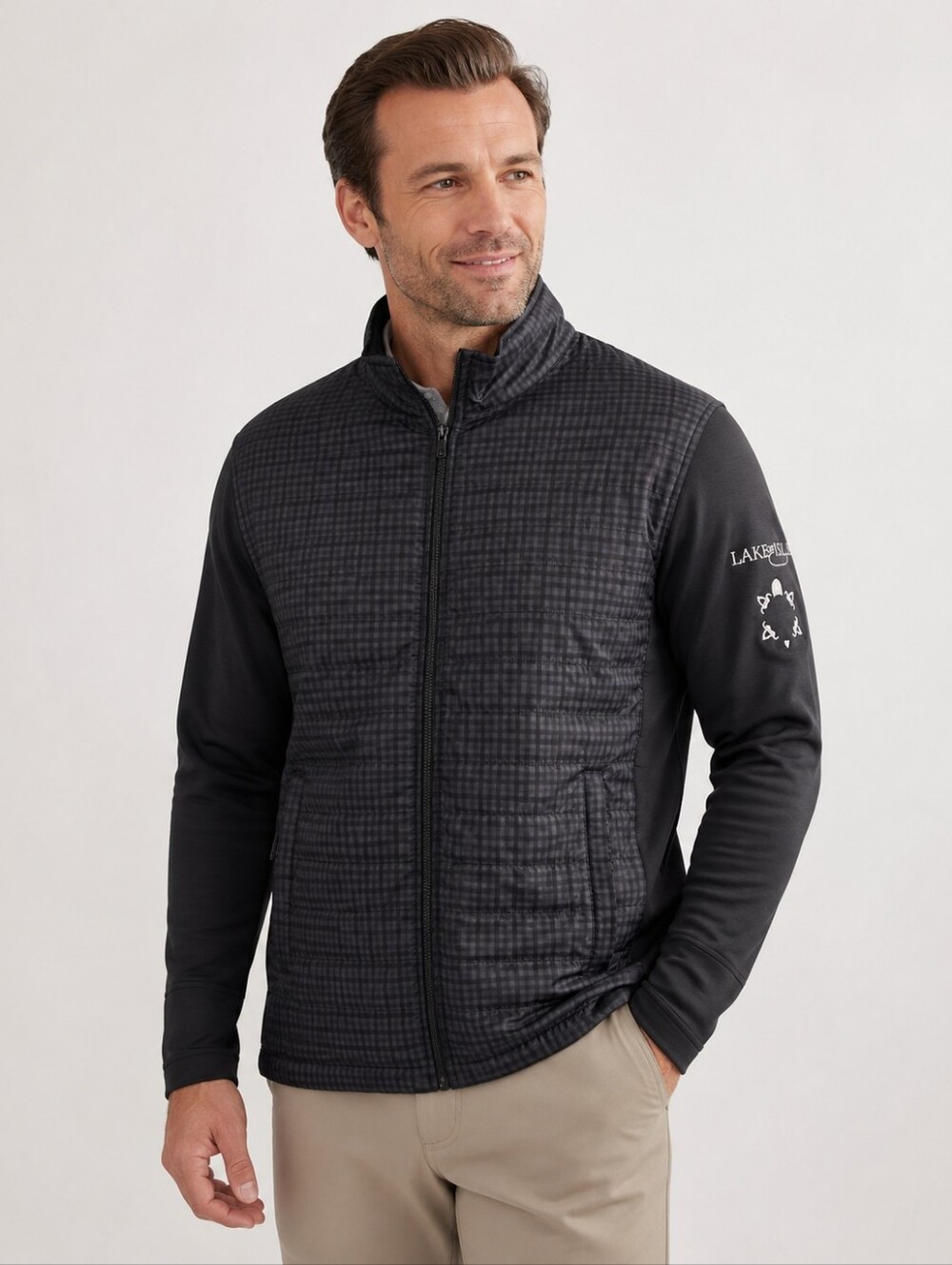 New FootJoy Men's Full-Zip Hybrid Golf Jacket Quilted Gingham Charcoal/Black XL